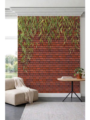 Dreamwall Sarkıt Okaliptüs Yapraklı Kırmızı Tuğla Görünümlü Tek Parça Tekstil Duvar Kağıdı
