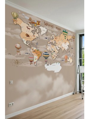 Dreamwall Sıcak Hava Balonları, Hayvan Figürleri ve Eğitici Dünya Haritası Motifli Tek Parça Tekstil Duvar Kağıdı