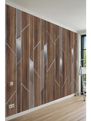 Dreamwall Modern Ahşap Silver Geometrik Panel Desenli Tek Parça Tekstil Duvar Kağıdı