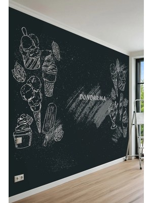 Dreamwall Kara Tahta Üzerine Tebeşir Çizimi Dondurma ve Tipografik Motifli Tek Parça Tekstil Duvar Kağıdı