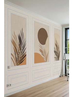 Dreamwall Çıta Panel Toprak Tonlarında Soyut Yaprak ve Daire Motifli Tek Parça Tekstil Duvar Kağıdı