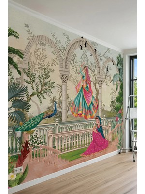 Dreamwall Taş Kemerli Teras, Geleneksel Figürler, Tavus Kuşu ve Doğa Manzaralı Tek Parça Tekstil Duvar Kağıdı