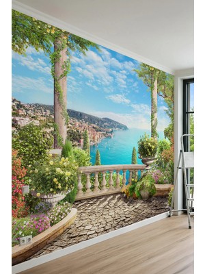 Dreamwall Sütunlu ve Çiçekli Taş Teras, Deniz ve Sahil Kasabasıtek Parça Tekstil Duvar Kağıdı