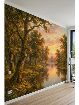 Dreamwall Gün Batımı Manzaralı Nehir, Orman ve Yağlıboya Tek Parça Tekstil Duvar Kağıdı