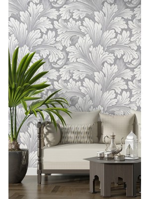 Dreamwall Monokrom Yaprak Motifli ve Damask Desenli Tek Parça Tekstil Duvar Kağıdı