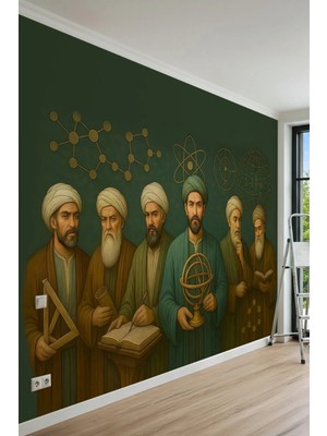 Dreamwall Islam Alimleri, Bilimsel Ikonlar ve Astronomi Motifli Tek Parça Tekstil Duvar Kağıdı