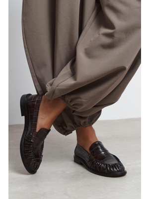 Nişantaşı Shoes Vesta Kahve Su Yolu Kroko Hakiki Deri Düz Taban Kadın Loafer Ayakkabı