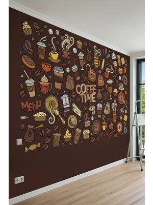 Dreamwall "coffee Tıme", Kahve Fincanları ve Desenli Çizimler Motifli Tek Parça Tekstil Duvar Kağıdı