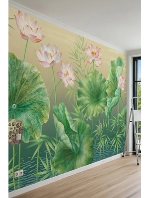 Dreamwall Lotus Çiçekleri, Büyük Yapraklar ve Su Motifli Tek Parça Tekstil Duvar Kağıdı