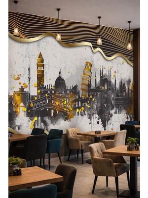 Dreamwall Varaklı Dalgalı Çizgiler ve Italya Şehir Silüeti Tek Parça Tekstil Duvar Kağıdı