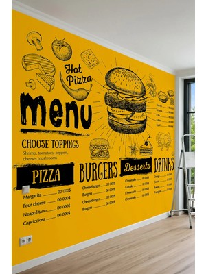 Dreamwall Menü, Hamburger ve Restoran Çizimleri Motifli Tek Parça Tekstil Duvar Kağıdı