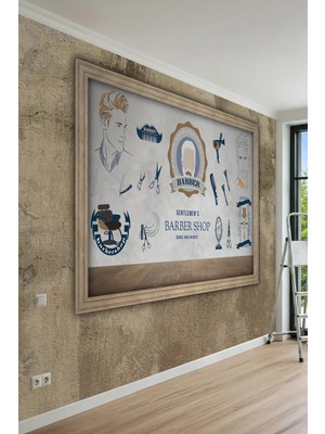 Dreamwall Ahşap Çerçeve ve Berber Konseptli Tipografik Desenli Tek Parça Tekstil Duvar Kağıdı