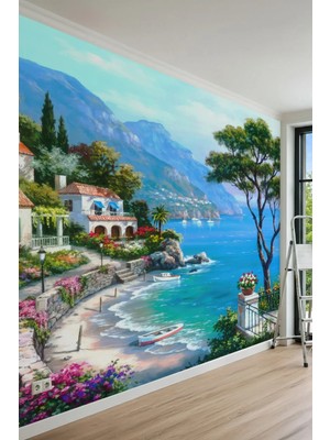 Dreamwall Akdeniz Sahil Kasabası Yağlı Boya Tablo Görünümlü Tek Parça Tekstil Duvar Kağıdı