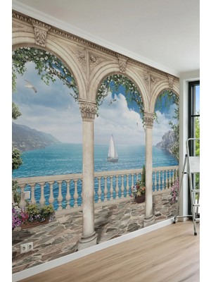 Dreamwall Antik Kemerli ve Çiçekli Teras, Yelkenli Deniz Manzaralı Tek Parça Tekstil Duvar Kağıdı