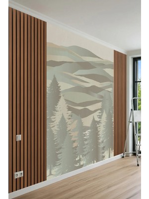 Dreamwall Ahşap Panel Görünümlü Iskandinav Orman Manzaralı Tek Parça Tekstil Duvar Kağıdı