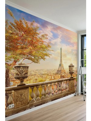 Dreamwall Işlemeli Saksılar ve Paris Eyfel Kulesi Manzaralı Teras Tek Parça Tekstil Duvar Kağıdı