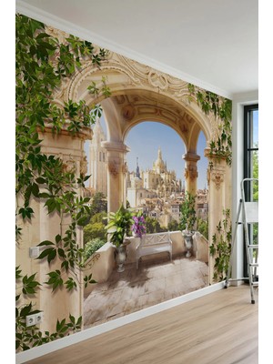 Dreamwall Antik Taş Kemerli Balkon, Sarmaşıklar ve Tarihi Katedral Manzaralı Tek Parça Tekstil Duvar Kağıdı