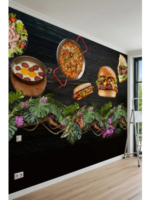 Dreamwall Fast-Food Lezzetler, Sıcak Yemekler ve Tropikal Çiçek Motifli Tek Parça Tekstil Duvar Kağıdı