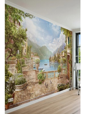Dreamwall Dağlar ve Göl Manzaralı Çiçekli Teras Tek Parça Tekstil Duvar Kağıdı
