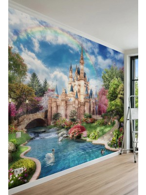 Dreamwall Masal Şatosu ve Gökkuşağı Desenli Tek Parça Tekstil Duvar Kağıdı