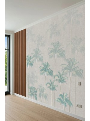 Dreamwall Palmiye ve Ahşap Panel Desenli Tek Parça Tekstil Duvar Kağıdı