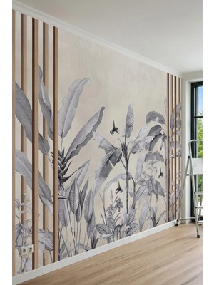 Dreamwall Ahşap Çıtalı Tropikal Yaprak Desenli Modern Tek Parça Tekstil Duvar Kağıdı