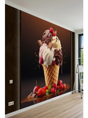Dreamwall Karışık Top Dondurma, Çikolata Sosu ve Meyve Motifli Tek Parça Tekstil Duvar Kağıdı