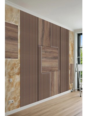 Dreamwall Dinamik Ahşap Çıta ve Oniks Mermer Desenli Tek Parça Tekstil Duvar Kağıdı