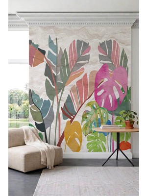 Dreamwall Renkli Tropikal Yapraklar ve Monstera Desenli Tek Parça Tekstil Duvar Kağıdı