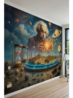 Dreamwall Albert Einstein, Atom Modeli, Gezegenler ve Zaman Temalı Tek Parça Tekstil Duvar Kağıdı