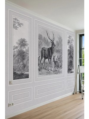Dreamwall Geyik Figürlü Siyah Beyaz Gravür Sanatı ve Çıta Desenli Tek Parça Tekstil Duvar Kağıdı