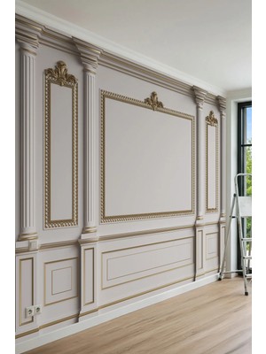 Dreamwall Varak Detaylı Çerçeve Panelli ve Sütun Desenli Tek Parça Tekstil Duvar Kağıdı