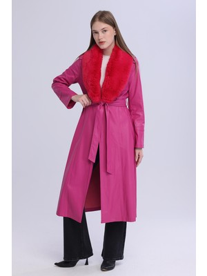 Select Moda Kadın Peluş Yaka Deri Görünümlü Uzun Kaban