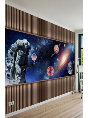 Dreamwall Ahşap Çıta Panelli, Astronot, Galaksi ve Gezegenler Motifli Tek Parça Tekstil Duvar Kağıdı