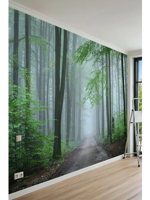 Dreamwall Sisli Orman Yolu Manzaralı Yeşil Doğa Temalı Tek Parça Tekstil Duvar Kağıdı