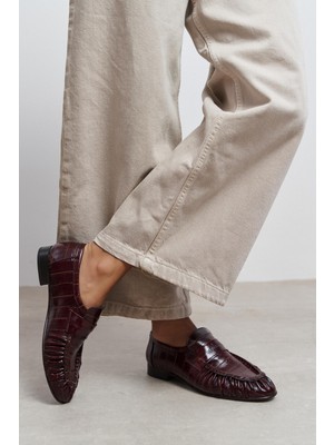 Nişantaşı Shoes Marbella Bordo Su Yolu Kroko Hakiki Deri Düz Taban Kadın Loafer Ayakkabı