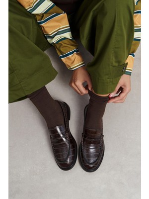 Nişantaşı Shoes Vega Kahve Su Yolu Kroko Hakiki Deri Düz Taban Kadın Loafer Ayakkabı