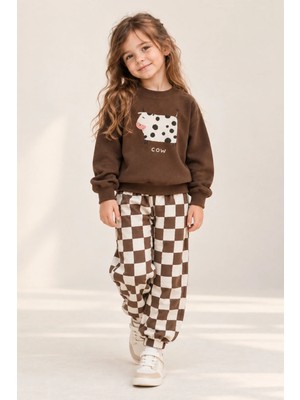 Zekalya Kız Çocuk Cow Baskılı Sweatshirt Damalı Pantolon Pamuklu Takım Unisex