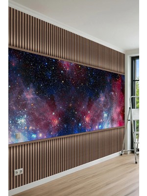 Dreamwall Ahşap Çıta Görünümlü Kızıl-Mavi Bulutsu Nebula ve Yıldızlı Galaksi Motifli Tek Parça Tekstil Duvar Kağıdı