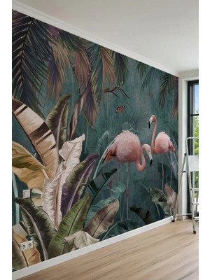 Dreamwall Pembe Flamingo ve Kelebek Desenli Tropikal Tek Parça Tekstil Duvar Kağıdı