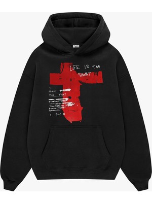 Sekizbiraltı Life Is Too Short Baskılı Siyah Oversize Unisex Hoodie
