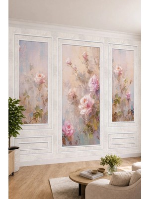 Dreamwall Gül Desenli Yağlı Boya Tablo Efektli Duvar Çıtası Görünümlü Tekstil Duvar Kağıdı