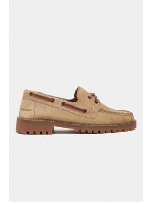 Nişantaşı Shoes Janga Bej Hakiki Süet Kalın Taban Bağcık Detay Kadın Ayakkabı
