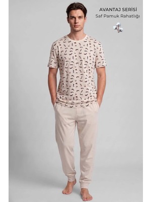 Mısırlı Erkek Pamuklu Animal Desenli Pijama Takım Açık Bej