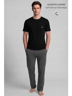 Mısırlı Pamuklu Kısa Kollu Pijama Takım Siyah-Taş Çizgili