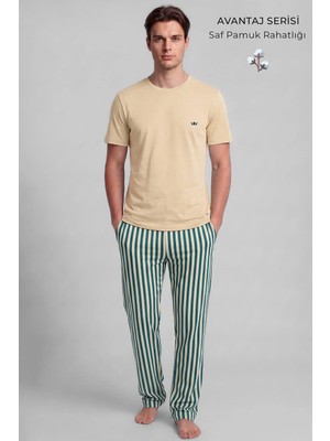 Mısırlı Pamuklu Kısa Kollu Pijama Takım Tereyağ Sarısı-Yeşil Çizgili