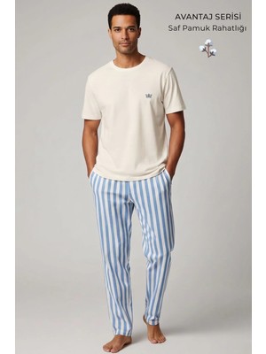 Mısırlı Pamuklu Kısa Kollu Pijama Takım Beyaz-Mavi