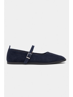 Nişantaşı Shoes Jade Lacivert Süet Deri Toka Detay Düz Taban Kadın Babet