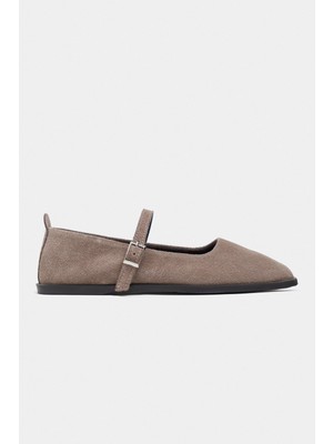 Nişantaşı Shoes Jade Koyu Bej Süet Deri Toka Detay Düz Taban Kadın Babet