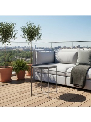Maison Luré Yan Sehpa Metal Yuvarlak Gri Dekoratif Fırın Boyalı Servis Sehpası